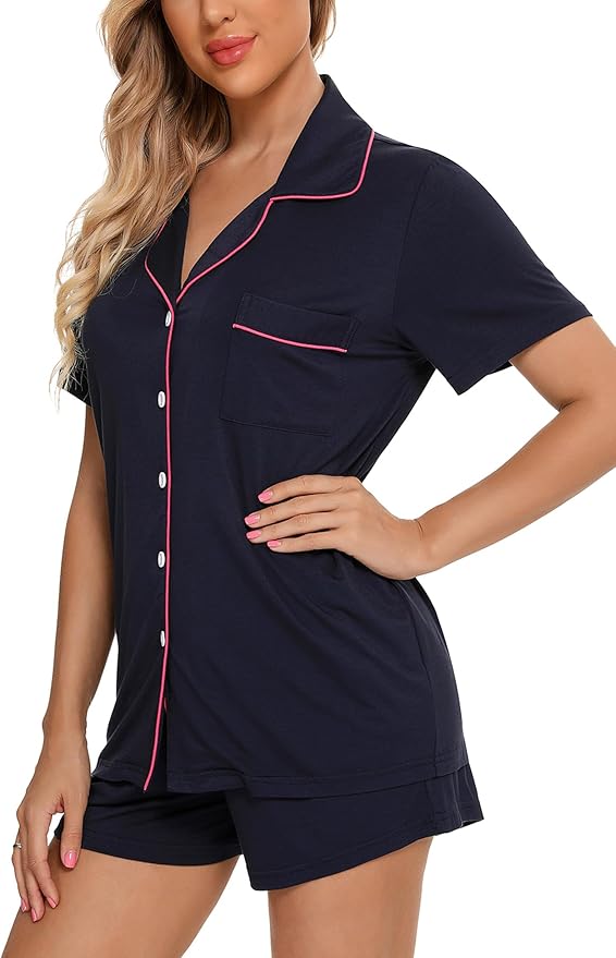 Women's navy Blue Pajama Set with Pink Trim