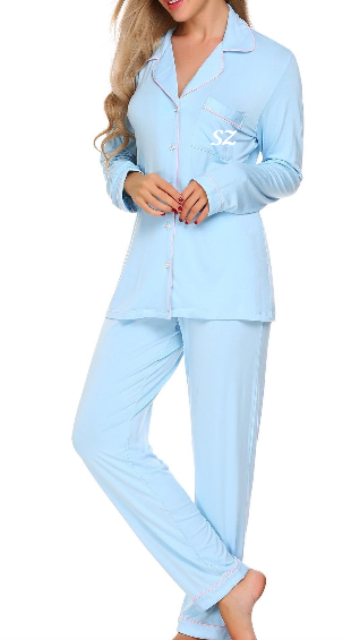 Women's cotton pajamas ,Long Sleeve -Blue Comfortable Pajama